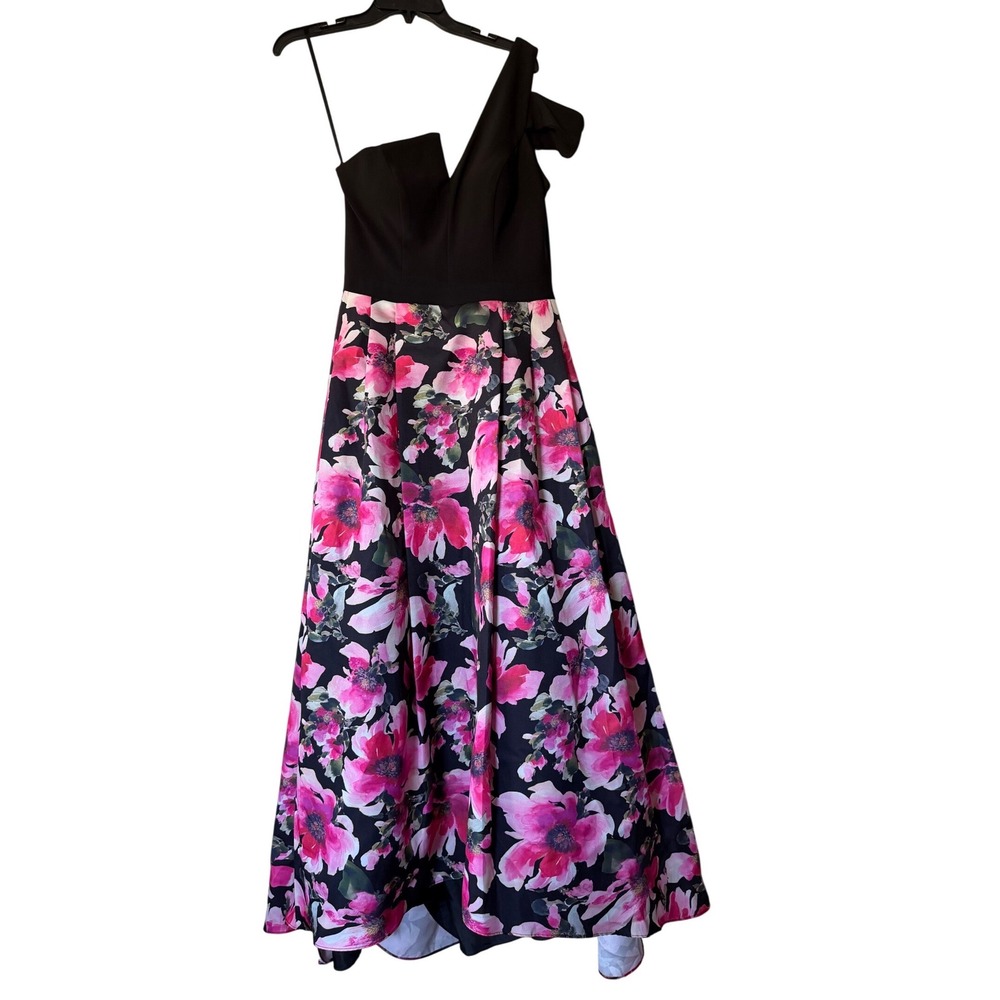 Betsy &‎ Adam Womens One Shoulder Floral Gown Black Pink A20843 Size 10